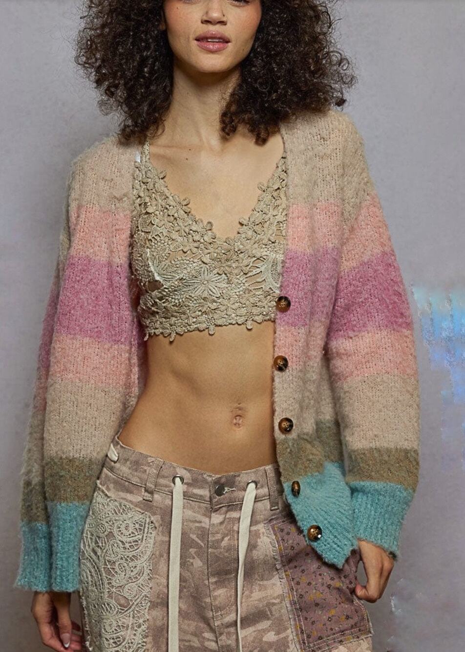 POL Relaxed Fit Multicolor Stripe Mohair Button Up Cardigan Size L Boho Sweater